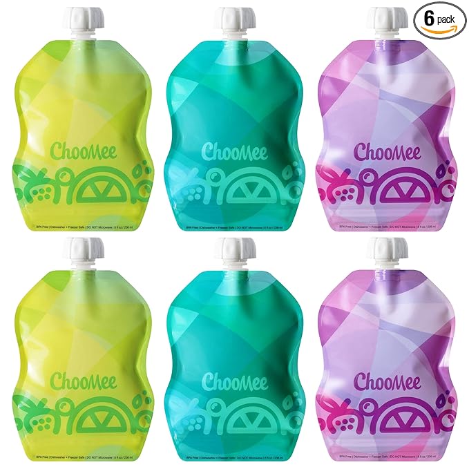 ChooMee Reusable Baby Food Storage Pouches, 8 oz | Ideal for Baby Food, Smoothies and Purees | Secure Double Lock Zipper, Wide Bottom, BPA Free | SnakPack TropiColor 6 CT