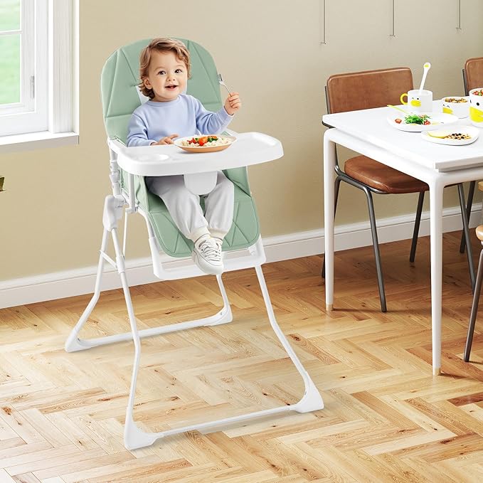 HONEY JOY High Chair, Foldable Baby Feeding Chair, Adjustable Tray & Footrest, Removable Easy-to-Clean PU Seat Cushion, 5-Point Harness, Cup Holder, Highchairs for Babies and Toddlers (Green)