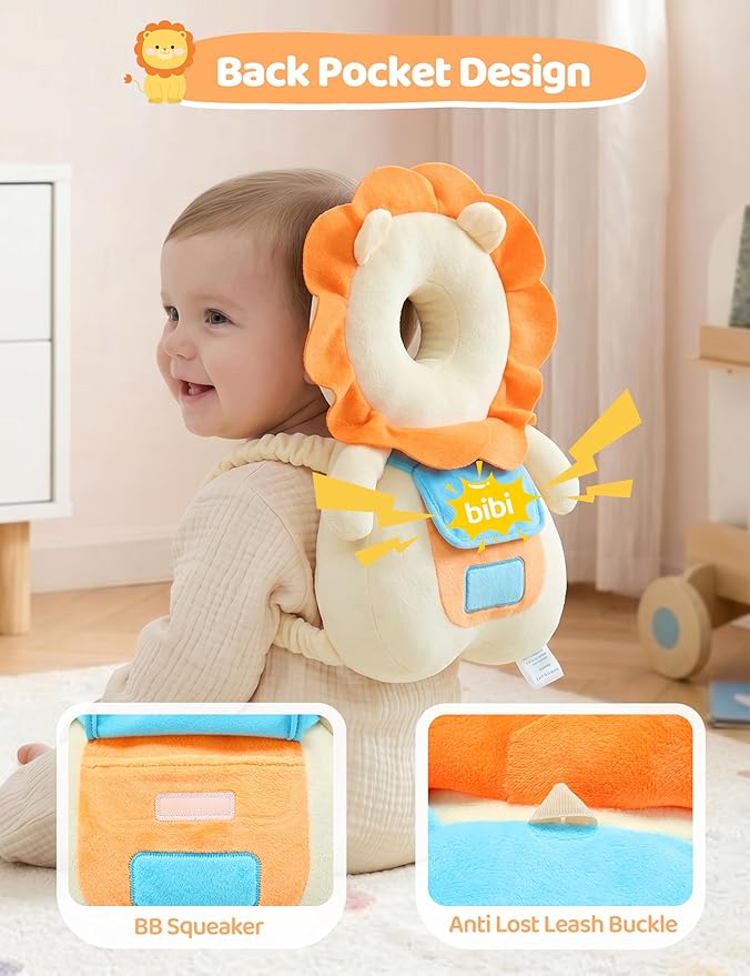 JunNeng Baby Head Protector Backpack with Squeaker，Toddler Head Safety Protection Cushion, Yellow Lion