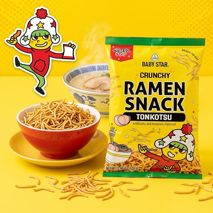 Baby Star Crunchy Ramen Snack Tiny Tonkotsu Flavor, 2.46 oz, Japanese Crispy Noodle Treat, Spicy Savory Taste, Asian Food for Kids and Adults