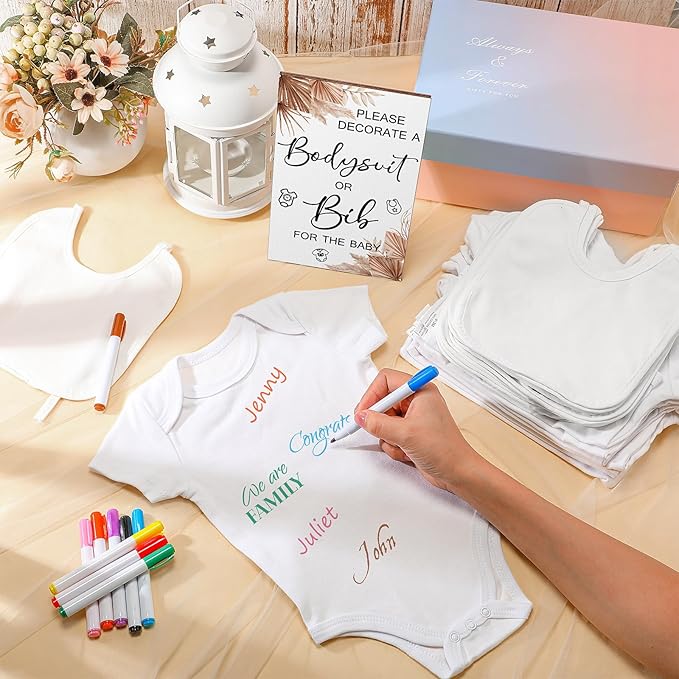 Roowest 35 Pcs Baby Shower Bibs Games Design Wooden Baby Shower Party Game Sign DIY Bodysuit Sign 15 White Blank Bibs 9 Bodysuit 10 Markers for Party Supplies(Boho)