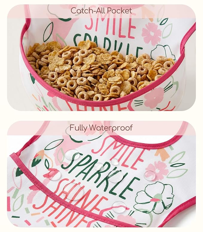 3-Pack Waterproof Baby Bibs for Eating - Mess Proof Lightweight Toddler Feeding Bibs with Large Food Catcher, Food-Grade Baby Eating Essentials, Easy to Put On & Clean(Pink Floral)