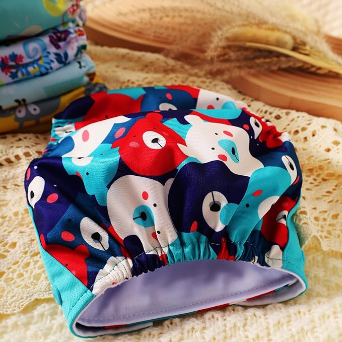 Cloth Diapers 6 Pack with 6 Inserts & 1 Wet Bag - Waterproof Cover, Washable, Reusable & One Size Adjustable Pocket Diapers for Newborns and Toddlers (Bear Set)