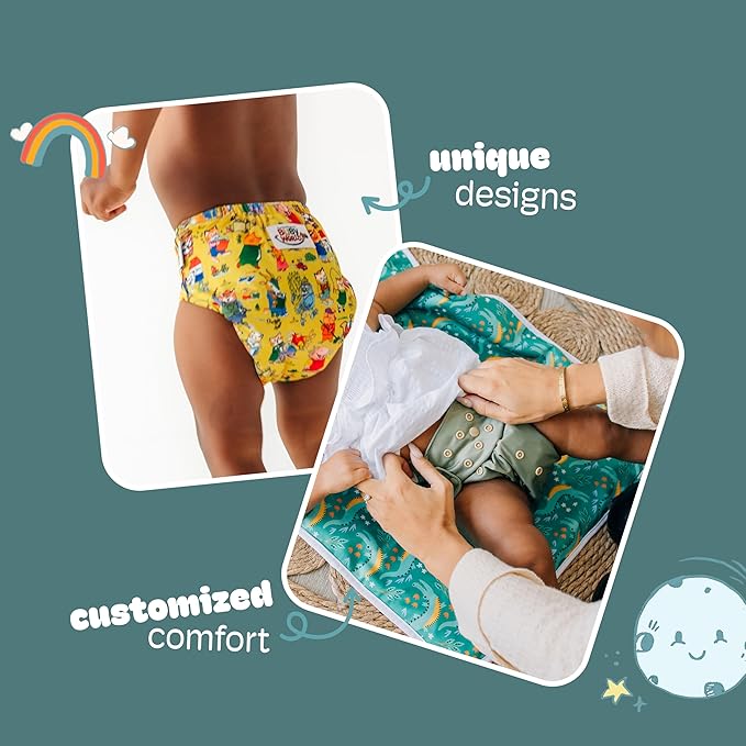 Kinder Cloth Diapers Reusable Baby Diapers Pocket Style Athletic Wicking Jersey, Bamboo Viscose Inserts, Wet Bag, Newborn to Potty Training 7-60lbs, One Size (Forest Fairytale, 5 Pack, with Inserts)