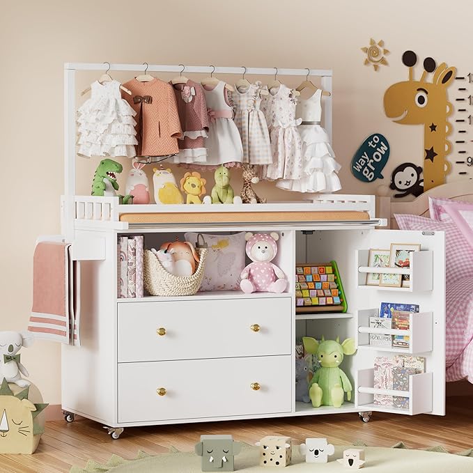 PAKASEPT Baby Changing Table, Infant Diaper Changing Station with Wheels & Wide Table Top & Clothes Rail, Baby Changing Table with Two Drawers and Cabinet for Nursery and Kids