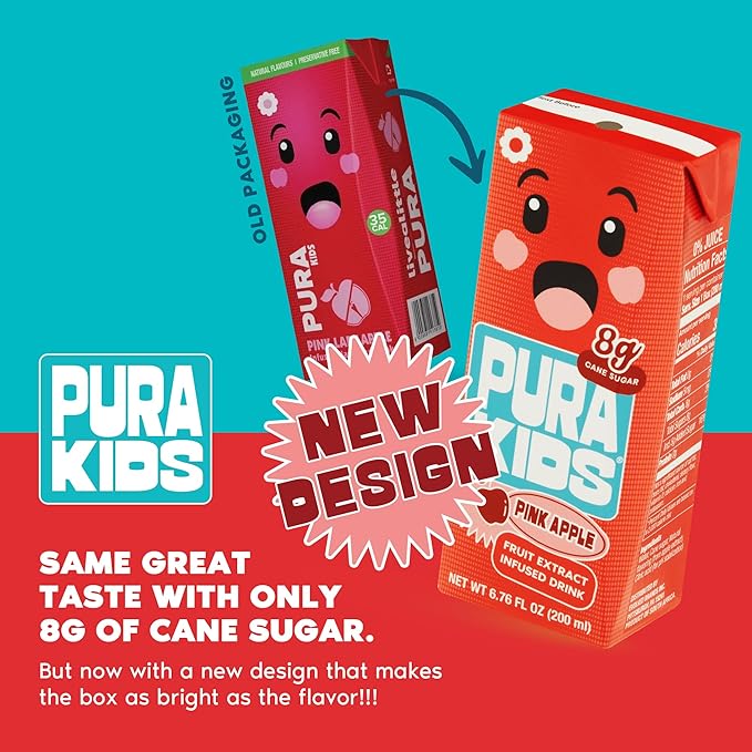 PURA Kids Box | Pink Apple Fruit extract infused Drink for kids | 8g Pure Cane Sugar | Non-GMO | Vegan, No Artificial Sweeteners | Best Lunchbox Beverage with Paper Straw | 6.76 fl oz (200ml), Pack of 24