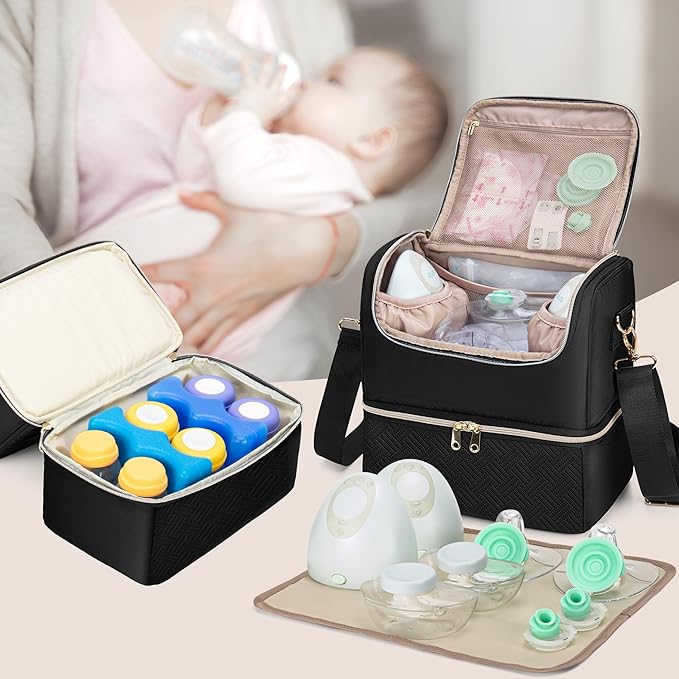 Fasrom Breast Pump Bag with Cooler Compartment Compatible with Momcozy, Medela and Willow Hands Free Pump, Pumping Tote with Waterproof Mat, Black