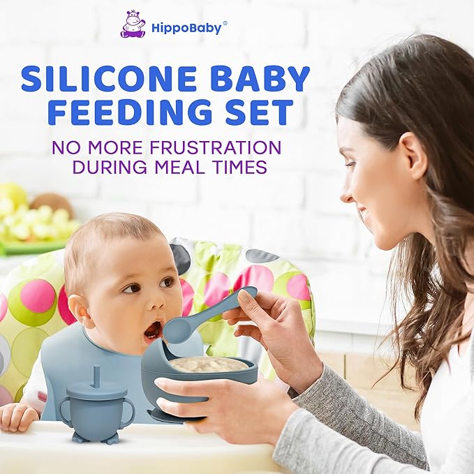 HippoBaby Baby Led Weaning Supplies | 10 Piece Silicone Baby Feeding Set | Baby Toddler Bib Cup Divided Plate and Bowl Self Feeding Spoons Dish Set | Baby Utensils | Toddler Feeding Supplies (Sky)