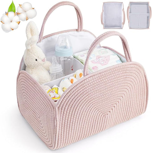 Diaper Caddy Organizer for Baby, Cotton Rope Baby Gift Basket,Portable Diaper Organizer for Changing Table,Diapers Nursery Storage Organizer for Travel,Camping,Darkpink Baby Shower Gifts for Newborn