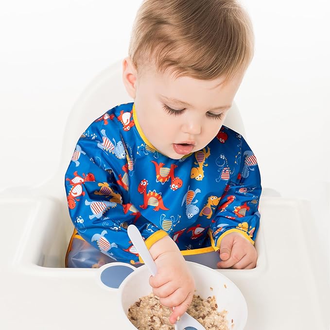3 Pcs Long Sleeved Bib Set|Baby Waterproof Bibs with Pocket Bundle|Toddler Bib with Sleeves|Stain Resistance Smock 6-24 Month
