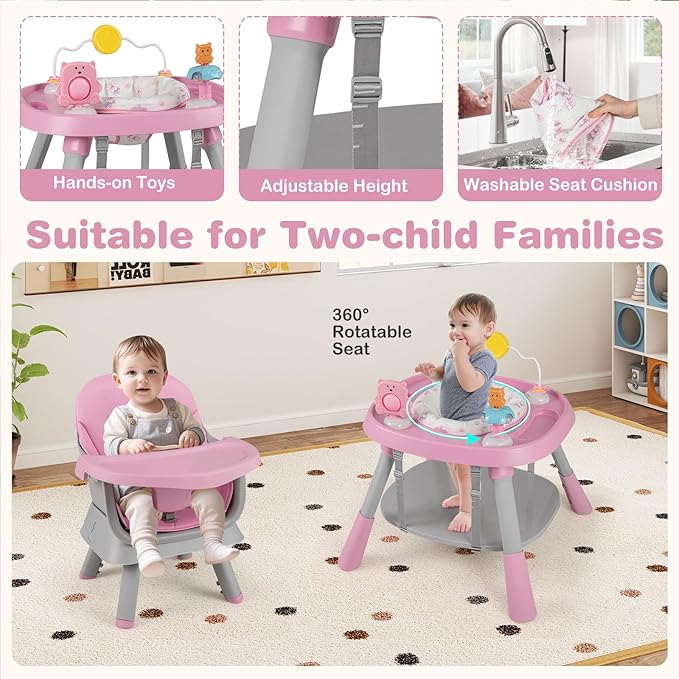 KOTEK 16 in 1 Convertible High Chair, Baby Highchair & Activity Center, Booster Seat, Building Block Table, Toddler Chair with 5-Point Harness, Removable Tray & Cushion (Pink)