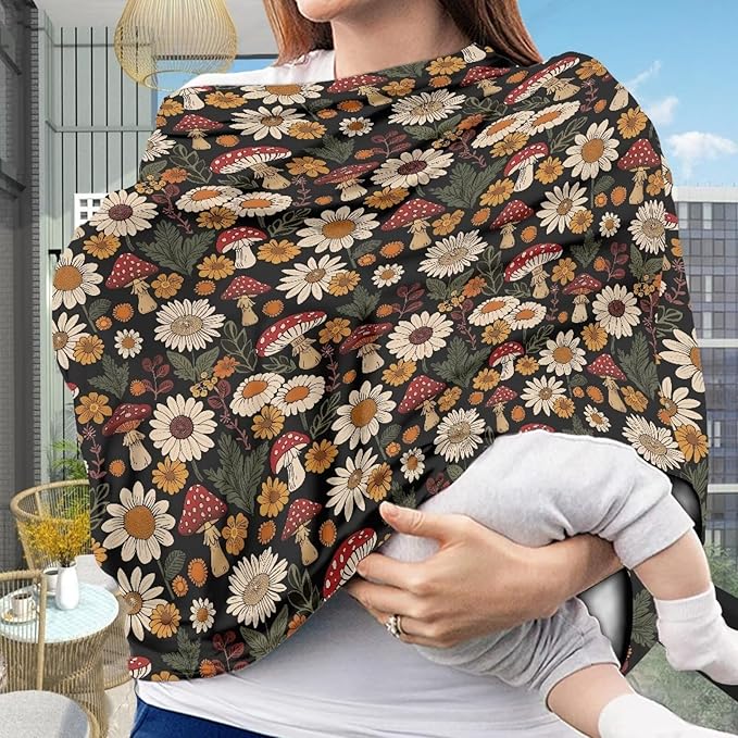 Mushroom Daisy Breathable Nursing Cover Up and Car Seat Cover for Babies Breastfeeding Cover for Baby Boy & Girl Adjustable Stretchy Infant Carseat Canopy Carrier Cover