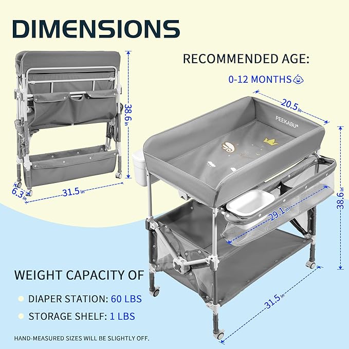 PEEKABU Portable Foldable Baby Changing Table Dresser Waterproof Diaper Changing Station with Wheels, Adjustable Height Changing Table Station Mobile Nursery Organizer for Newborn and Infant, Grey