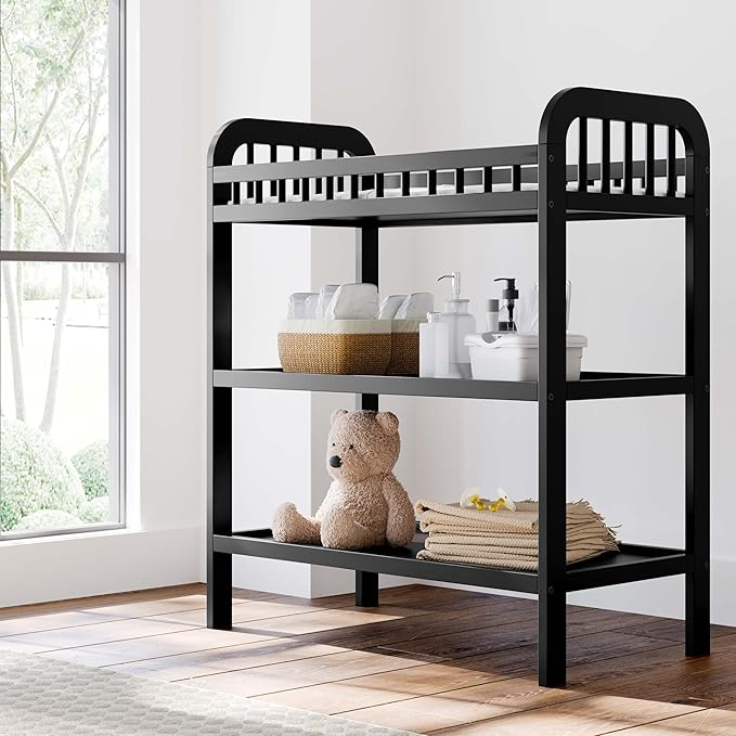 Storkcraft Pasadena Changing Table with Water-Resistant Changing Pad (Black) - GREENGUARD Gold Certified, Includes Bonus Water-Resistant Changing Pad with Safety Strap, 2 Open Shelves