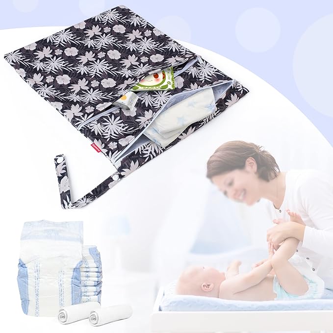 Damero 2 Pcs Wet Dry Bag for Cloth Diaper, Swimsuit, Clothes, Water-Resistant Reusable Wet Bag for Travel, Exercise, Beach, Pool, Daycare, Coffee Flowers