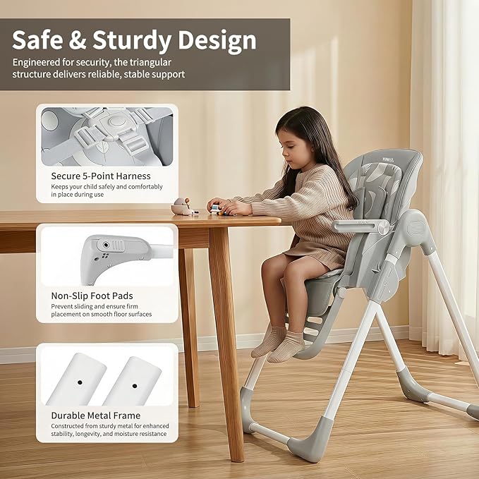 High Chair for Babies and Toddlers, Baby High Chair with Removable Tray, Adjustable Backrest, Footrest Height Settings, Space-Saving Design, Foldable (Light Gray)