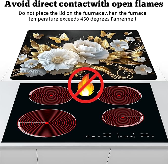 Multi-Design Stove Top Cover for Glass/Electric Stoves - 3-in-1 Heat-Resistant Protector Mat, Non-Slip Drying Rack 30" L x 21" W (Butterfly-Flower)