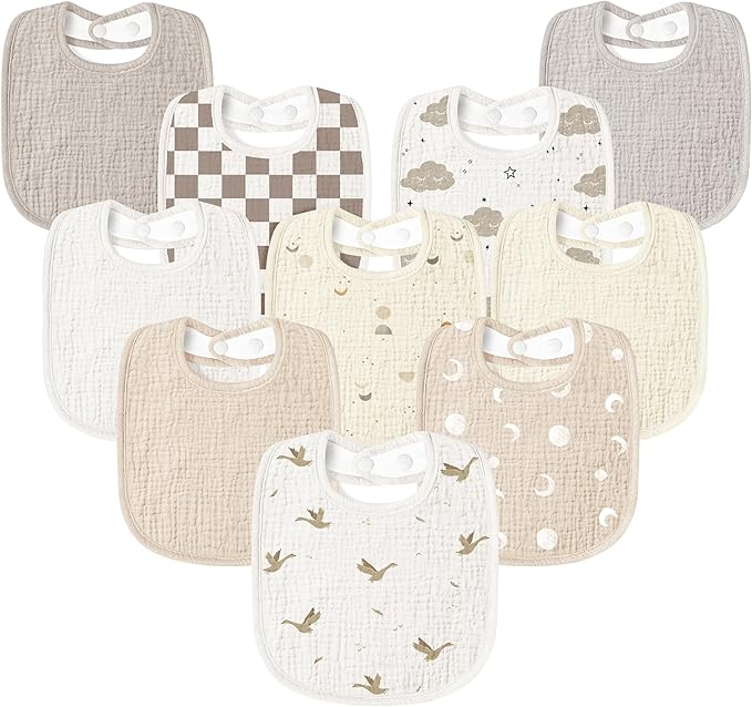 Susurration Muslin Baby Drool Bibs 10Pack Soft Square Adjustable Bandana Bibs for Unisex Baby Girls & Boys