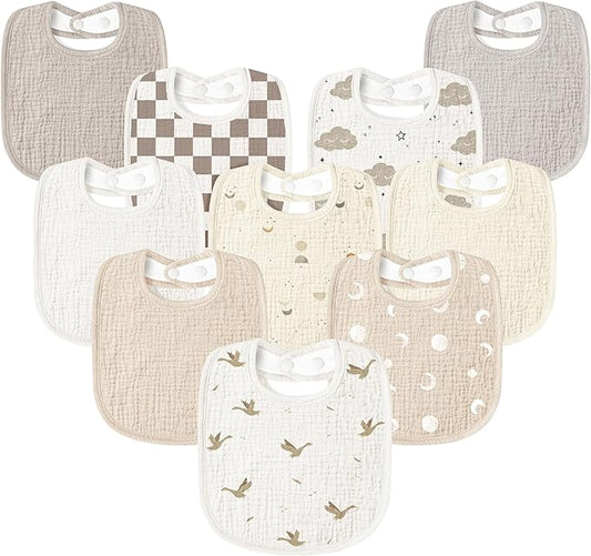 Susurration Muslin Baby Drool Bibs 10Pack Soft Square Adjustable Bandana Bibs for Unisex Baby Girls & Boys