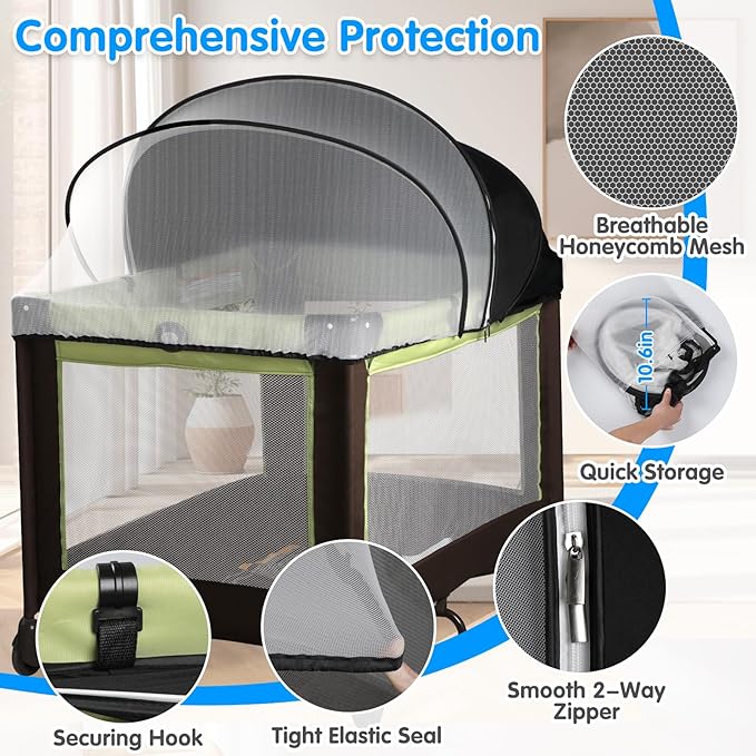 Pack N Play Tent Cover - Half-Blackout Mosquito Net for Crib & Playpen, Baby Bassinet Cover for Cats with 2-Way Zipper, Sun-Blocking Bug Net for Travel Crib (Black-Large)