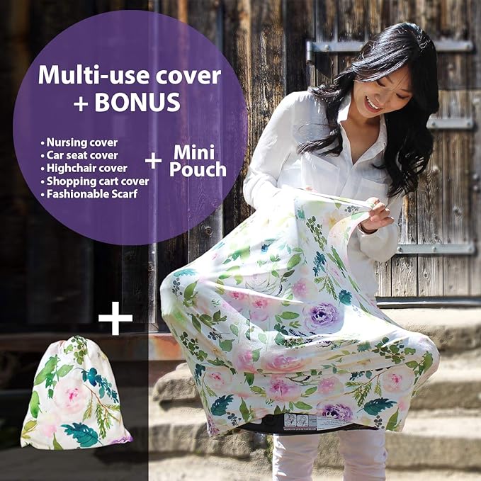 Pobi Baby Premium Multi-Use Cover - Nursing, Car Seat, Shopping Cart, High Chair, and Breastfeeding Cover - Ultra-Soft, Stretchy, and Versatile Floral Scarf for Mom and Baby (Allure)