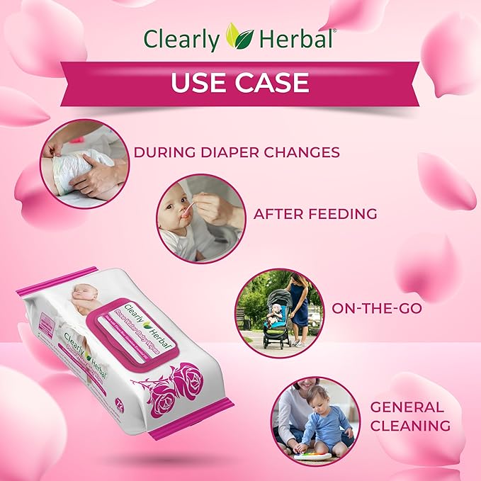 Baby Wipes, Rose Water Formula, made with Essential Oils and Natural Herbal Extracts, Bundle Pack 288 Plant Based Wipes (4 Packs x 72 Count)