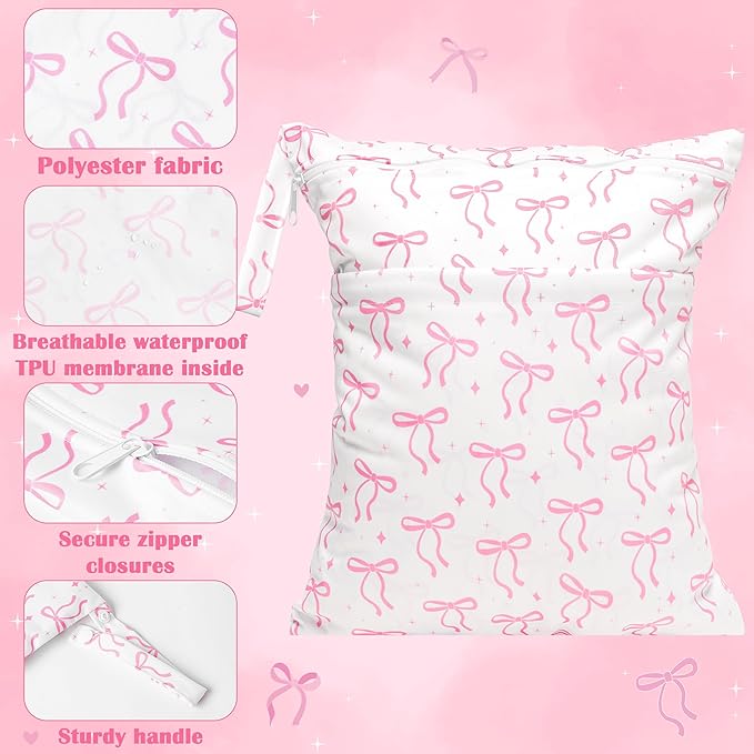 R HORSE 5Pcs Waterproof Baby Diaper Bag, Cute Pink Bow Wet Dry Bag with Handle Zipper Toiletry Organizing Pouches for Cloth Diapers Swimsuits Travel Beach Pool Essentials for Boys Girls