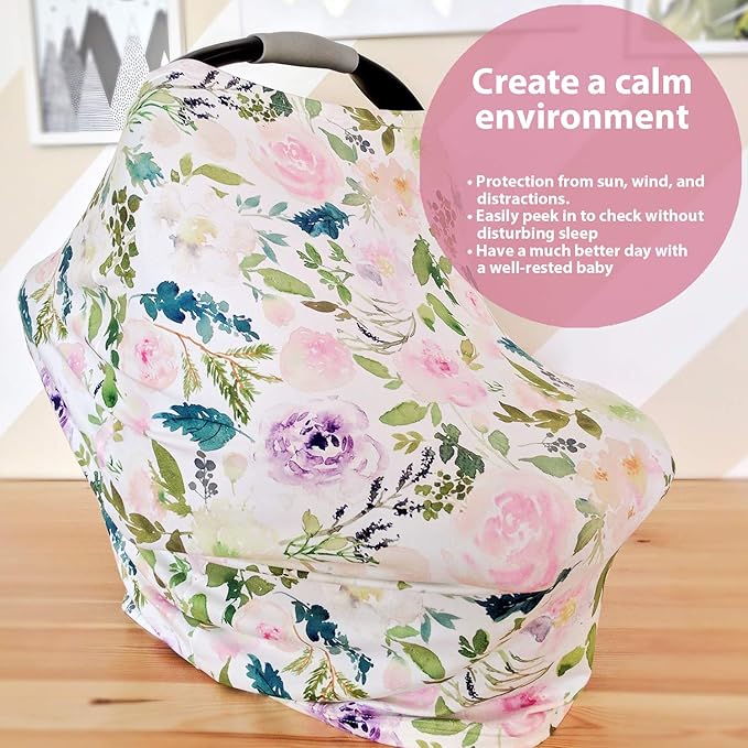 Pobi Baby Premium Multi-Use Cover - Nursing, Car Seat, Shopping Cart, High Chair, and Breastfeeding Cover - Ultra-Soft, Stretchy, and Versatile Floral Scarf for Mom and Baby (Allure)