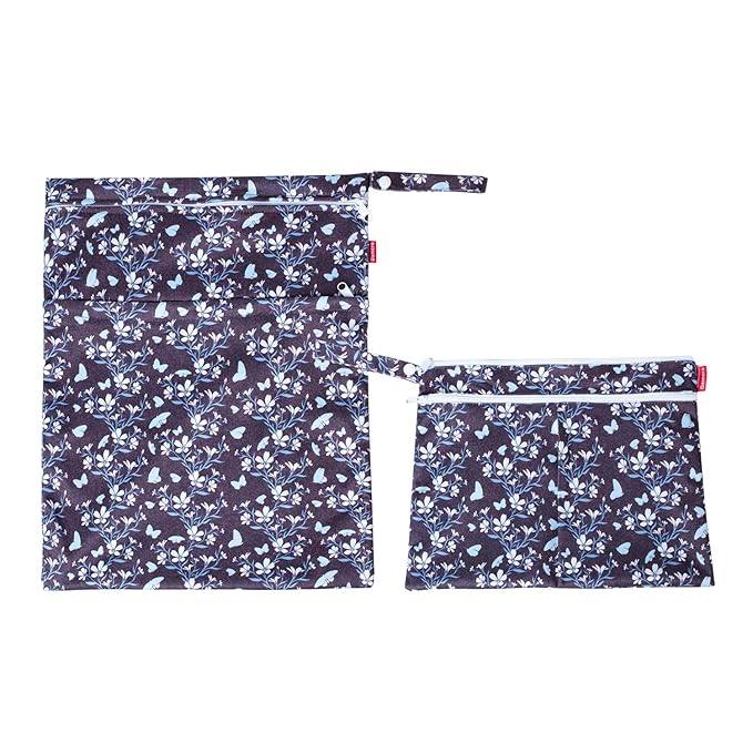 Damero 2Pcs Wet Dry Bag for Cloth Diaper, Swimsuit, Clothes, Ideal for Travel, Exercise, Daycare, Roomy and Water-Resistant(Butterflies and Flowers)