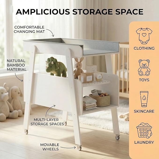 Diaper Changing Station Baby Flat Top Changing Table with Wheels and Changing Pad Nursery Organizer & Storage Rack Mobile Nursery Diaper Changing Table for Baby, Newborn (White)