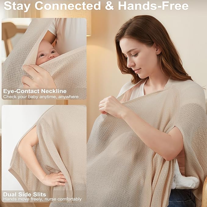 Knit Nursing Cover Up for Breastfeeding, Soft & Cozy Breastfeeding Poncho with Dual Side Slits, 360° Full Privacy Nursing Shawl with Laundry Bag, Beige