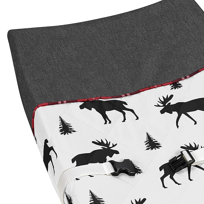 Grey, Black and Red Woodland Plaid and Moose Changing Pad Cover for Rustic Patch Collection by Sweet Jojo Designs