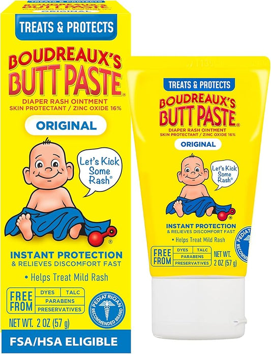 Boudreaux's Butt Paste Diaper Cream, Dermatologist-Tested Original Diaper Rash Cream for Daily Prevention and Relief, Baby Ointment, 2oz Tube
