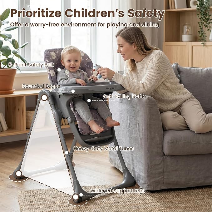 BABY JOY Foldable High Chair, Portable Highchairs for Babied and Toddlers with Adjustable Height, Backrest & Footrest, Double Removable Tray, Built-in Wheels, Baby Feeding Chair for 6-36 Months