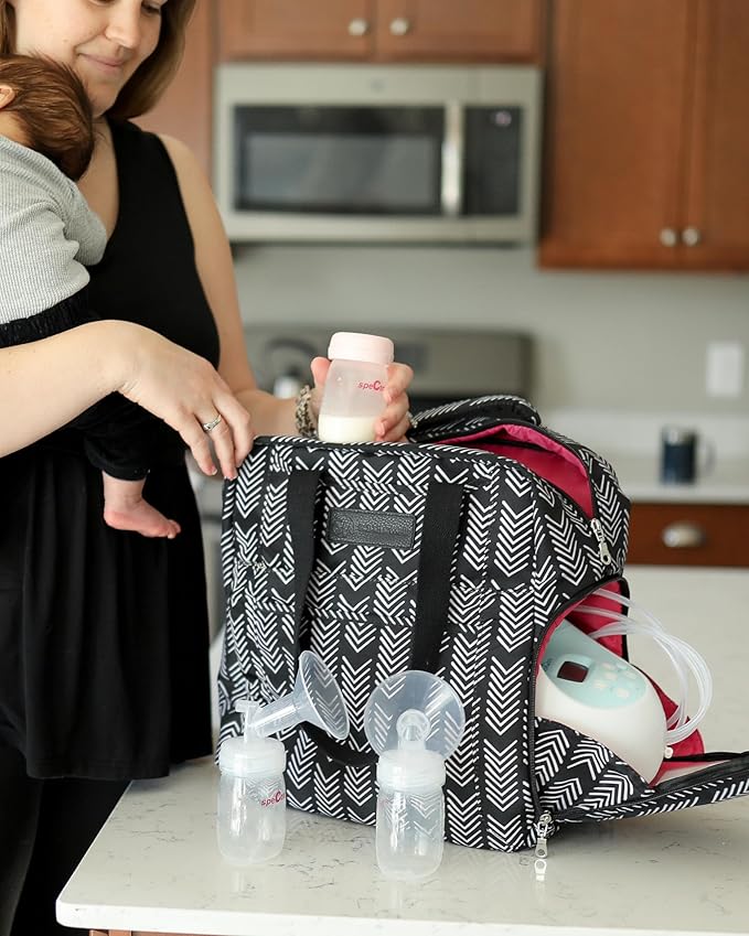Sarah Wells Kelly Breast Pump Backpack & Tote - Insulated Pocket, Laptop Sleeve & Easy-Clean Design, Fits All Pumps, Diaper Bag for Moms - Black and White