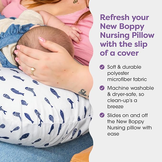 Boppy Nursing Pillow Cover, Neutral Navy Fish, Single Cover, Easy-On Slipcover with Extra Soft 100% Polyester Microfiber Fabric for the Redesigned Nursing Pillow