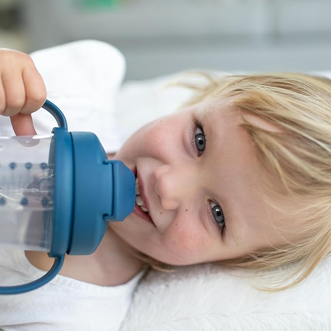 Dr. Brown's Milestones Narrow Sippy Spout Bottle with 100% Silicone Handles, Easy-Grip Handles & Milestones Baby’s First Straw Cup, Training Cup with Weighted Straw, Dark Blue, 6m+