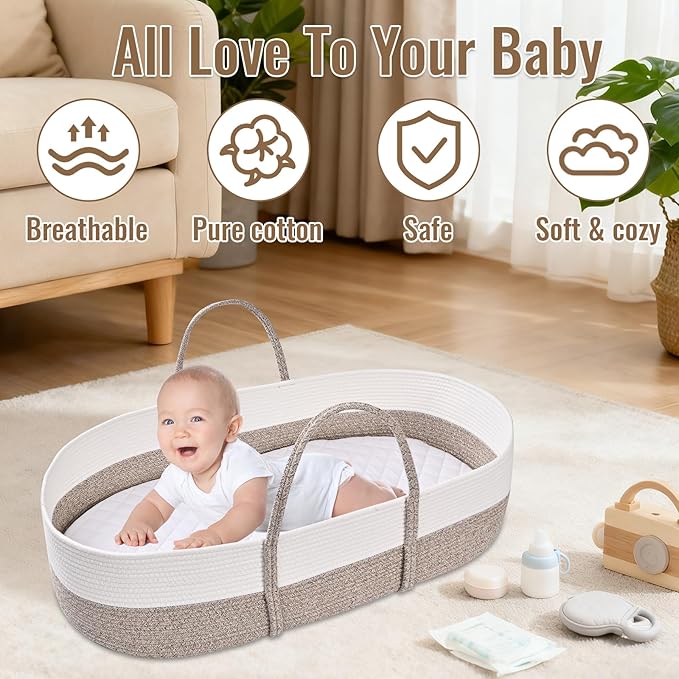 Changing Baskets Set,Moses Basket with Pad and Diaper Caddy,Set of 2 Baskets,Portable Cotton Rope Woven Basket,Replaceable Pad,Gifts for Newborn 28.7" x 15.7" x 7.8"（Brown）