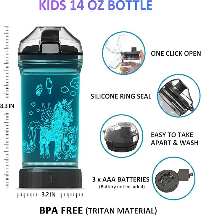 Attivolife Unicorn Water Bottle, Light up Cup for Kids Time Marker with 7 Color Changing LED Light - 14 OZ BPA Free - Unique Travel Cup Drink Day Gift for School Kid Girl Child Holiday Camping Picnic