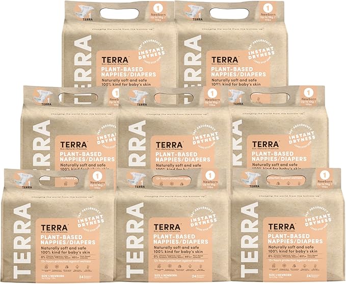 Terra Diapers Size 1: 85% Plant-Based Diapers, Ultra-Soft & Chemical-Free for Sensitive Skin, Superior Absorbency for Day or Nighttime Diapers, Designed for Newborns up to 11 Pounds, 192 Count