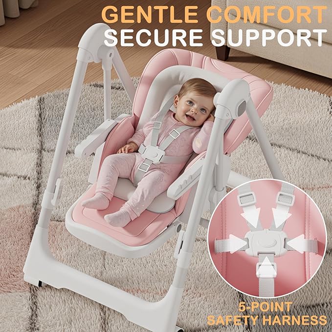 3-in-1 High Chairs for Babies and Toddlers, Foldable Baby High Chair with Rocking Mode, 5 Height Levels, Adjustable Backrest & Footrest, Lockable Wheels (Pink)