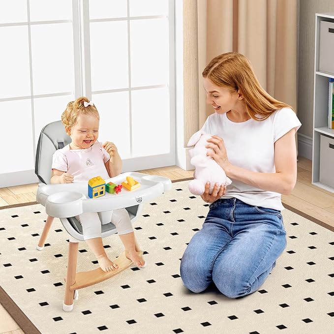 BABY JOY Baby High Chair, Wooden High Chair for Babies & Toddlers with Dishwasher Safe Double Removable Tray, Infant Feeding Chair with 5-Point Safety Harness & Detachable PU Seat Cushion (Gray)