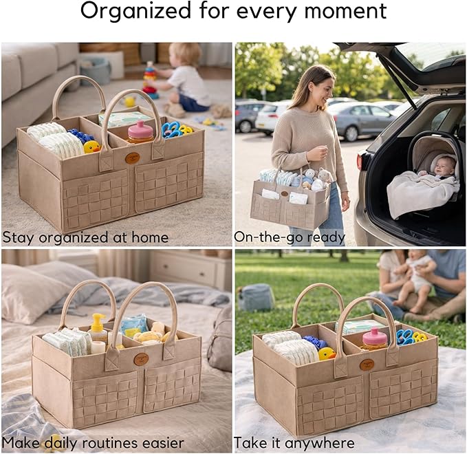 Baby Diaper Caddy Organizer for Nursery – Large Felt Storage Basket for Baby Essentials, Wipes & Diapers – Portable Nursery Organizer Bin for Changing Table or Living Room Beige