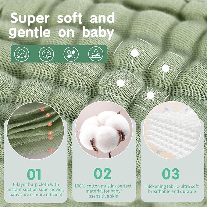 Muslin Burp Cloths Sets Newborn Baby Boy Essentials Must Haves 100% Cotton 10 Pack 20" X 10",6-Layer Baby Bibs & Burp Cloths for Baby Drool and Messes - Soft (WHITE10, 10 - Pack 20"X10")