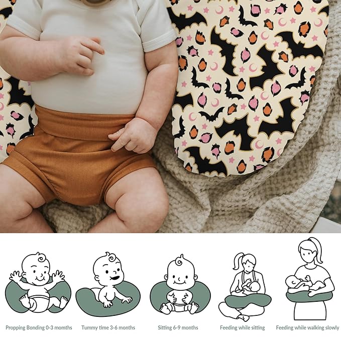 Halloween Bats Leopard Baby Nursing Pillow Covers for Boy Girl Pink Orange Spooky Bats Moon Stars Nursing Pillowcase for Breastfeeding Pillows Halloween Night Soft Stretchy Slipcovers for Newborn