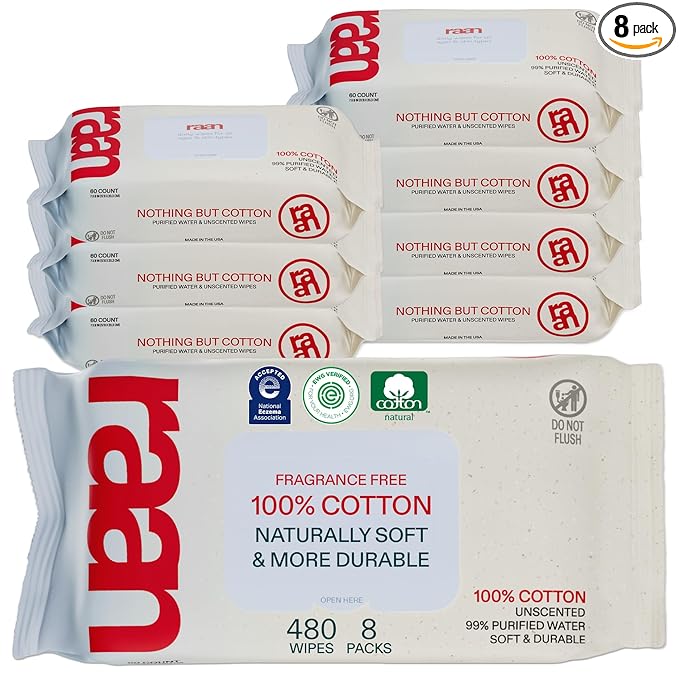 Raan, 100% Cotton Baby Wipes, Unbleached, 99% Purified Water, Unscented, EWG verified, For Extra Sensitive Skin, Naturally Soft and Durable, 8 pack, 480 Count