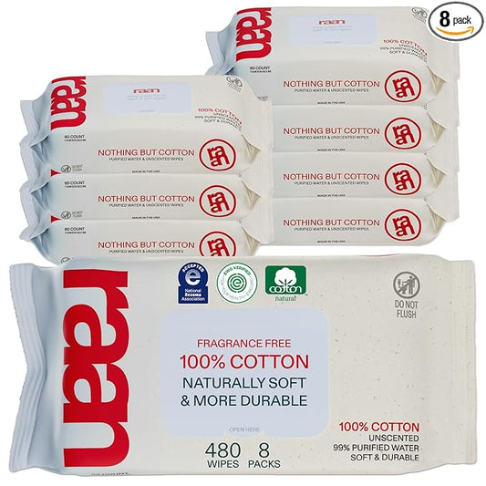 Raan, 100% Cotton Baby Wipes, Unbleached, 99% Purified Water, Unscented, EWG verified, For Extra Sensitive Skin, Naturally Soft and Durable, 8 pack, 480 Count