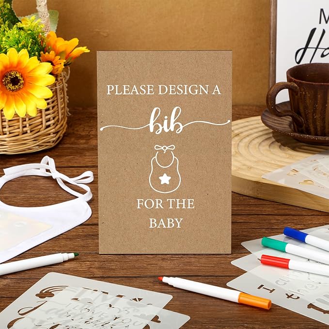 Panitay 100 Pcs DIY Baby Bibs Decorating Kit 50 White Bibs 25 Stencils 24 Markers 1 Baby Shower Game Sign