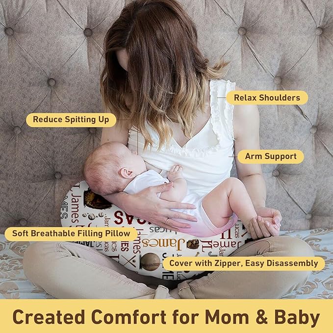 Dyoart Baby Nursing Pillow Cover, Custom Breastfeeding Bottle Pillow Slipcover, Personalized Gift for Infant Boys Girls,Baseball Pattern, Ultra Soft Comfortable(one Size)