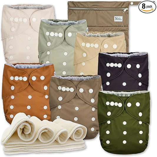 Nora's Nursery AWJ Cloth Diapers 7 Pack with 1 Wet Bag - Waterproof Cover, Washable, Reusable & One Size Adjustable Pocket Diapers for Newborns and Toddlers - Down to Earth